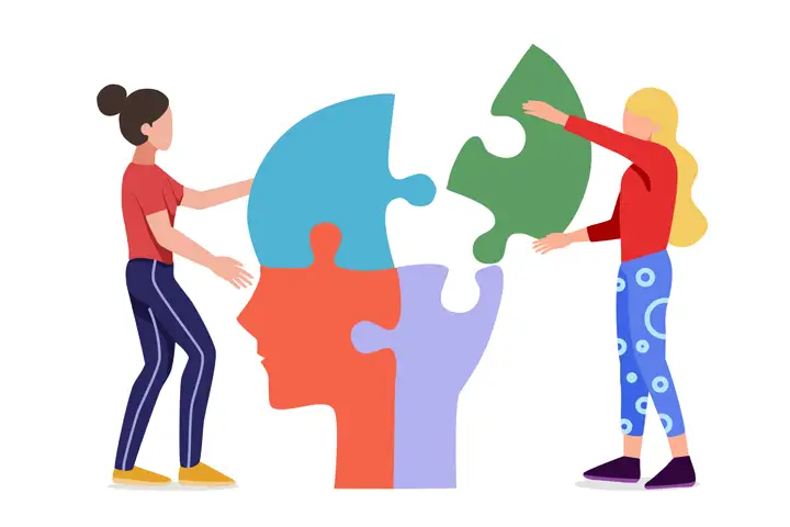 chicas poniendo las piezas de un puzzle en cerebro