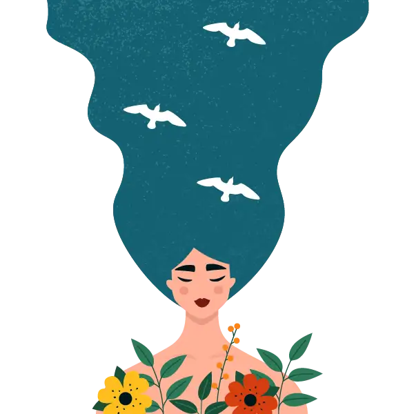 ilustración de una mujer con flores y pájaros