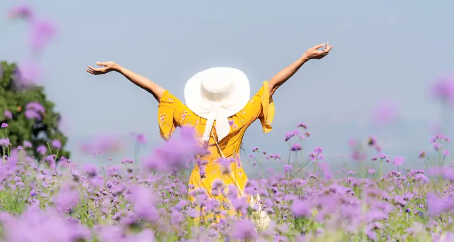 mujer feliz con los brazos extendidos en campo de lilas